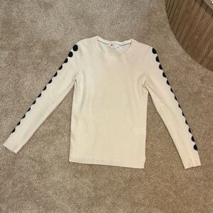 Boden 100% Cashmere Cream Sweater with Navy Blue Polka Dot Sleeves